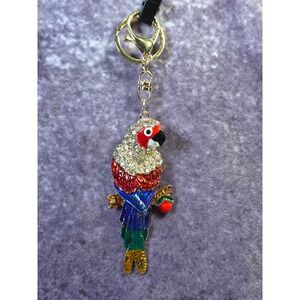 Parrot Keychain Rhinestone Enamel Tropical Bird Bag Charm Gold Tone Large 7 Inch